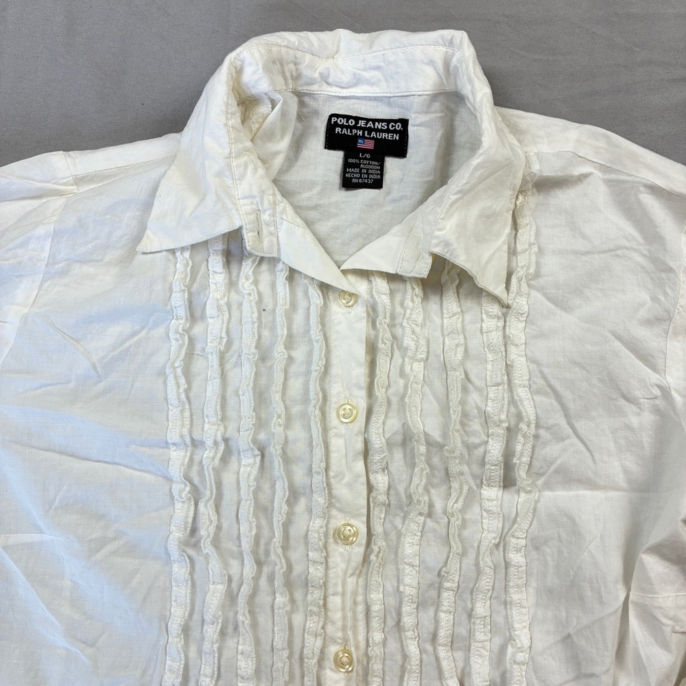 Polo Jeans Co Ralph Lauren Ruffle Shirt Womens L White Flared Cuff Romantic Boho